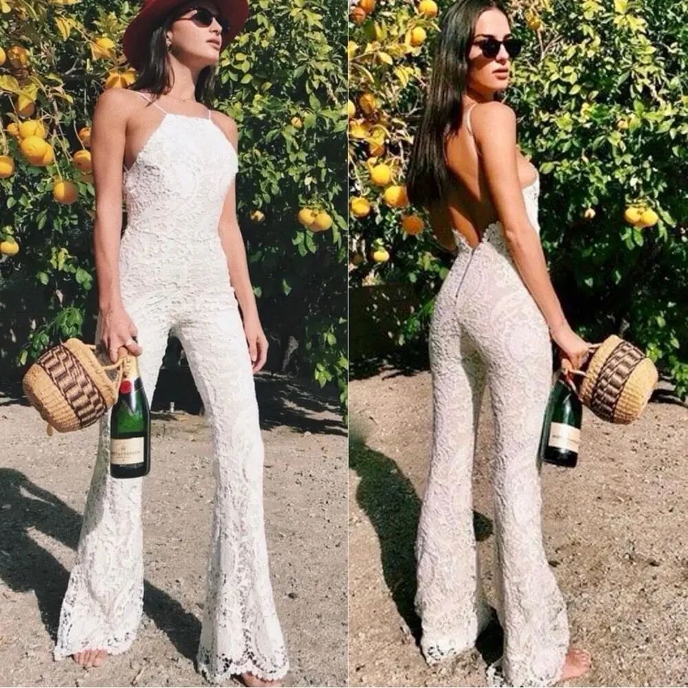 Stone Cold Fox Dylan Lace Jumpsuit Ivory Nude Lined Open Back Size 0